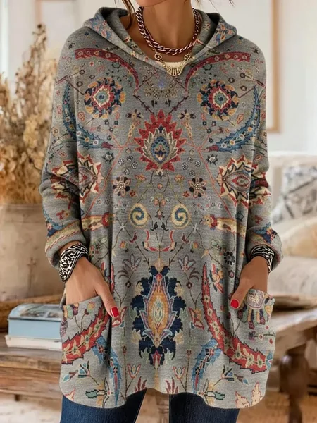 Women Ethnic Printing Long Sleeve Vintage Daily Spring/Fall Hoodie