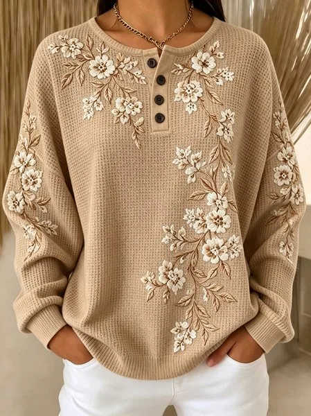 Women Floral Henley Collar Casual Spring/Fall Long Sleeve Sweatshirt