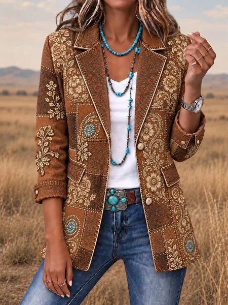 Women Floral Long Sleeve Lapel Collar Vintage Spring/Fall Jacket Outerwear