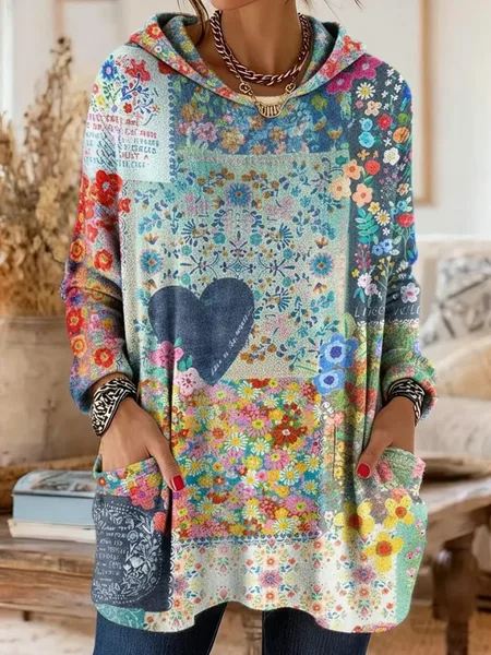Women Floral Printing Long Sleeve Vintage Daily Spring/Fall Hoodie