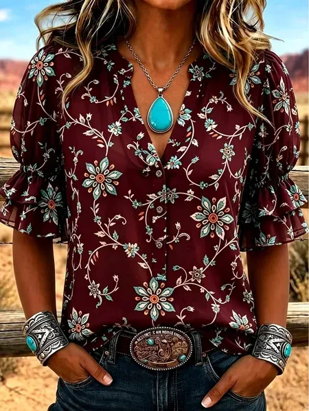 Women Floral V Neck Half Sleeve Shirt Printing Vintage Daily Summer Top