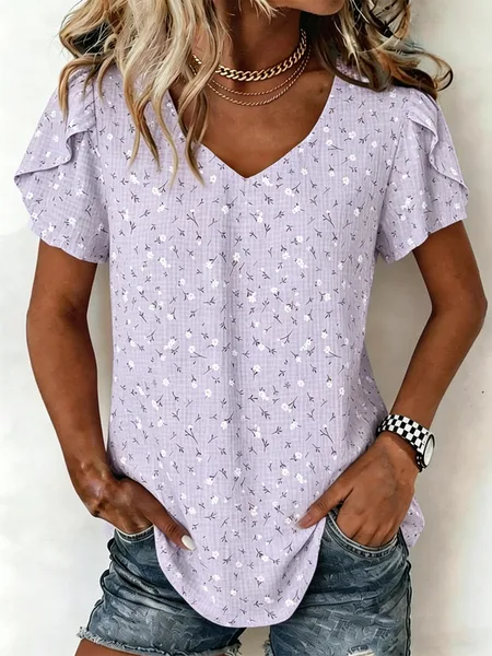 Women Floral V Neck Short Sleeve Shirt Elegant Daily Summer Top