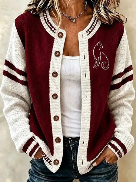 Women Geometric Long Sleeve Crew Neck Casual Spring/Fall Cardigan Outerwear