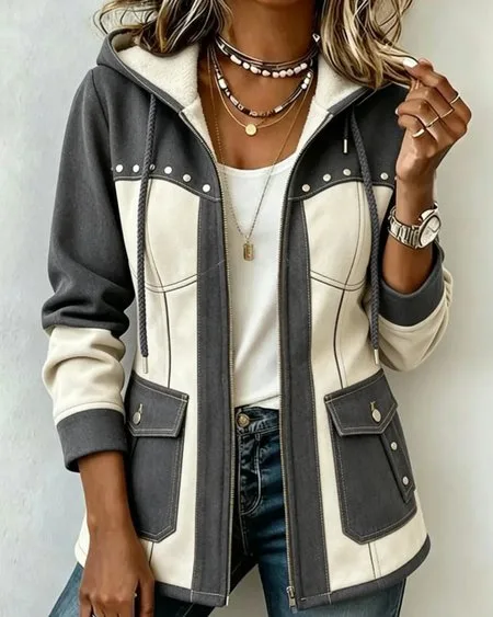 Women Geometric Long Sleeve Hoodie Vintage Spring/Fall Jacket Outerwear
