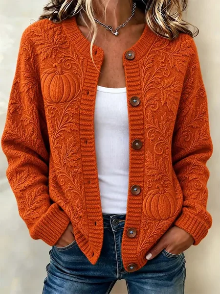 Women Maple Leaf Printing Long Sleeve Crew Neck Vintage Spring/Fall Cardigan Outerwear