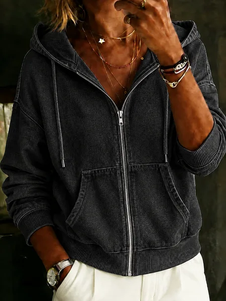 Women Plain Zipper Long Sleeve Vintage Daily Spring/Fall Hoodie