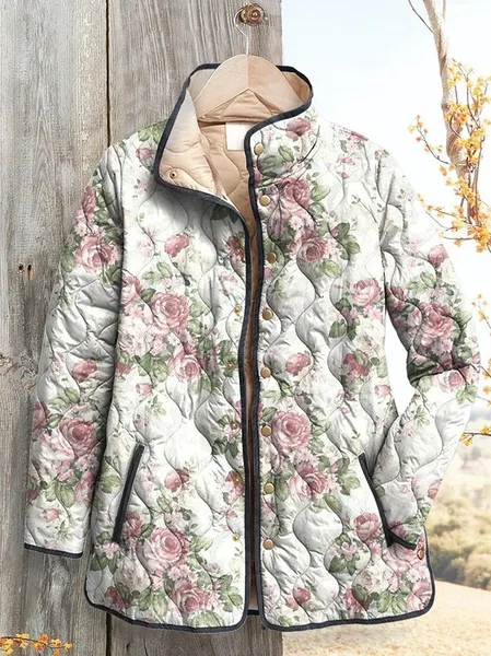Women's Vintage Printing Winter Floral Stand Collar Padded Parka